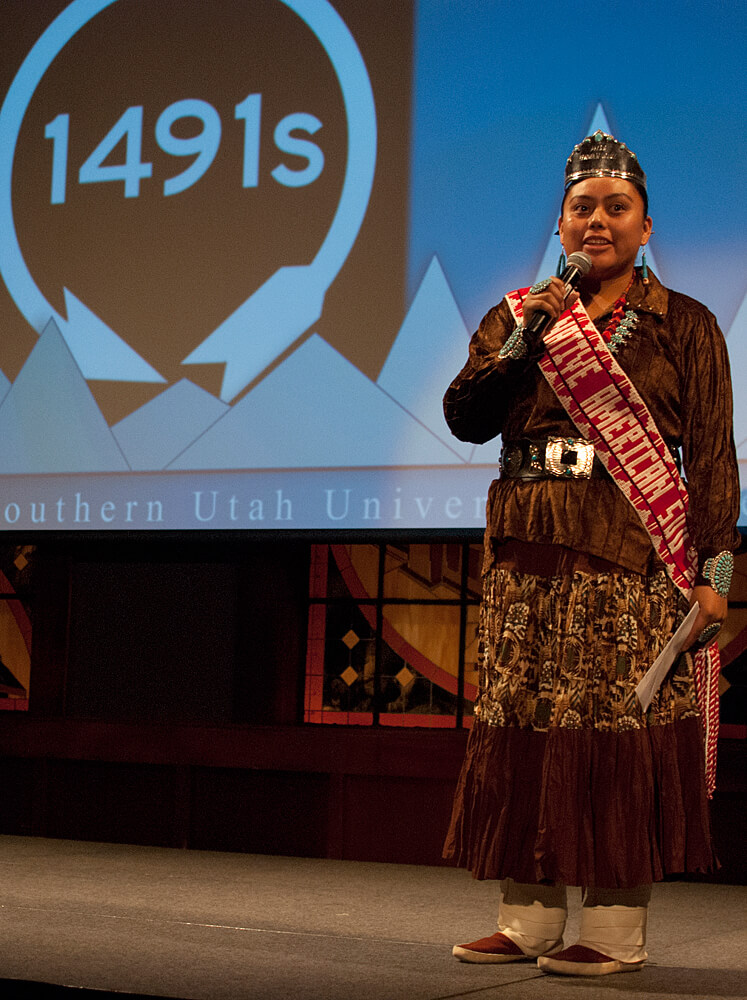 SUU Miss Native American in full traditional dress. 1