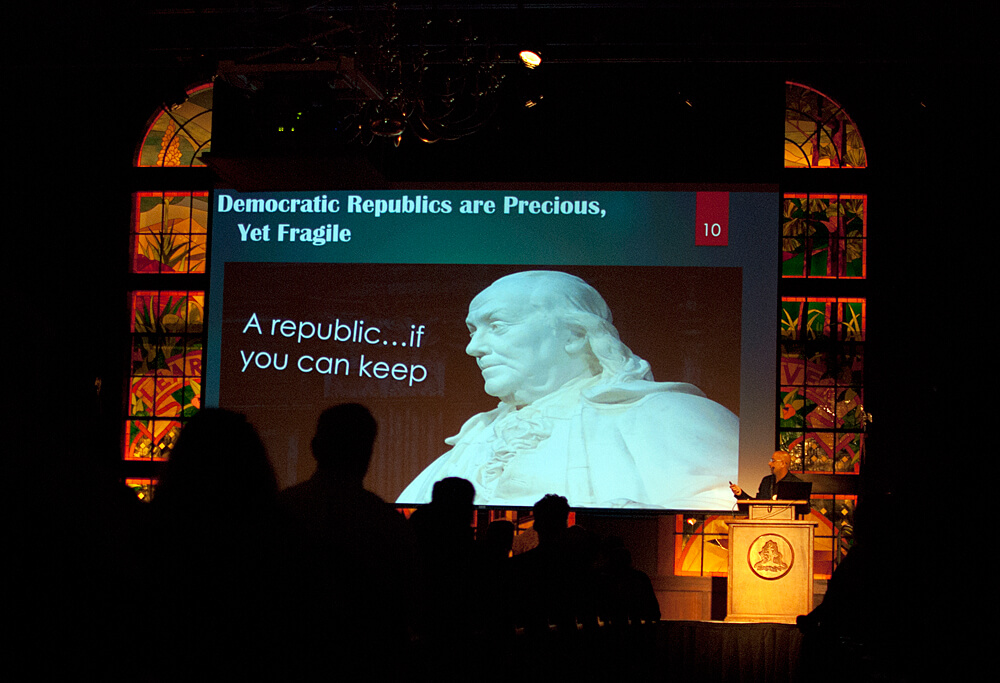 A slide with the quote "Democratic Republics are Precious, Yet Fragile" and another quote: "A republic...if you can keep it" 5