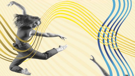 Decorative image. A dancer surrounded by yellow threads.