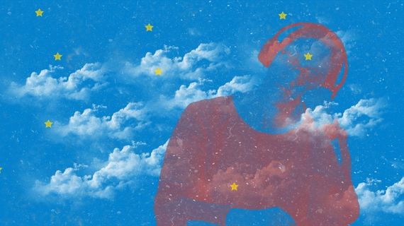 Decorative image. A red sillhouette of a woman dreaming with headphones on is superimposed over a blue background with clouds.