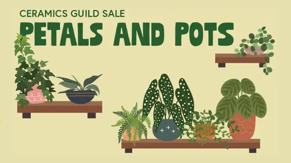Decorative image for the SUU Ceramics Guild Sale: Petals and Pots. Graphic shows shelves of potted plants.