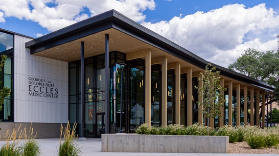 Photo of the southwest entrance of the Eccles Music Center.