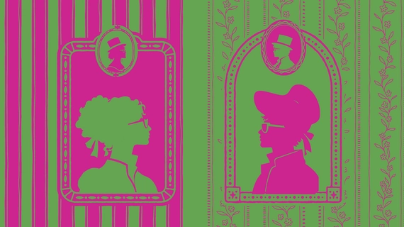 Decorative image of two silhouettes in pink and green. For SUU's production of Sense and Sensibility by Kate Hamill.