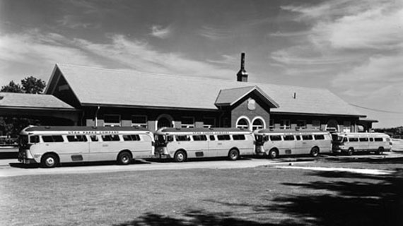 Buses in front of a building