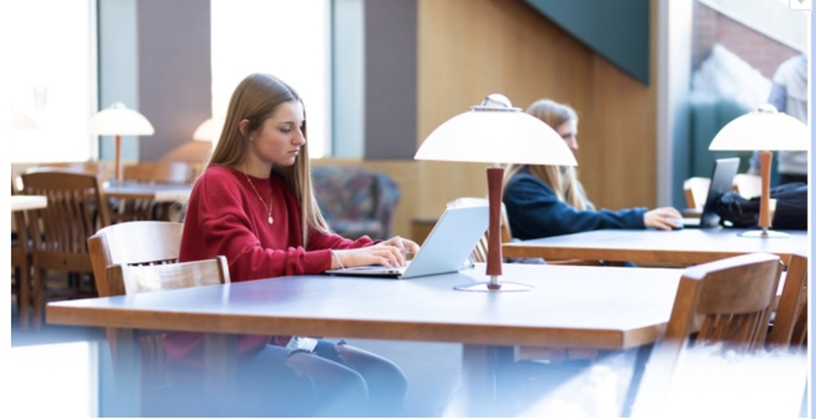 Students can study on one of multiple floors in the library, with access to hundreds of books, ebooks, and other helpful resources.