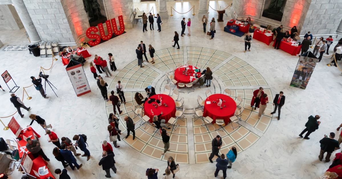 A birds-eye view of the Utah capitol rotunda during S.U.U. day on the hill.