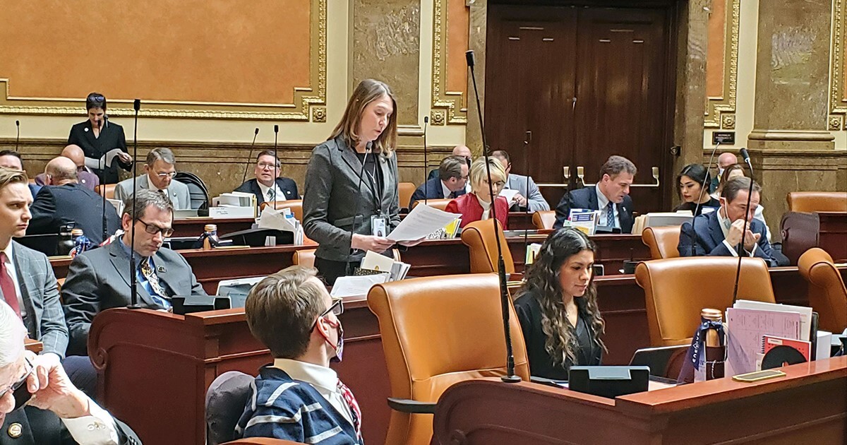 Karen Peterson presents a bill on the House floor.