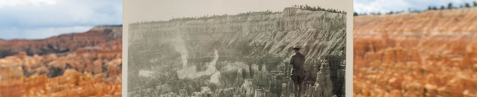 Black and White Photo of Bryce Canyon overlayed on present day color photo 