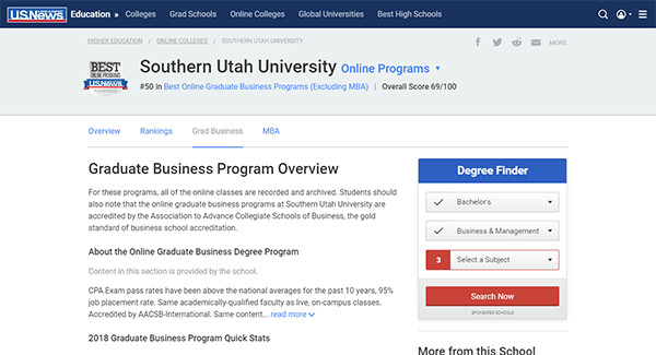 SUU Business Programs Rank Well on US News & World Report Online Business Programs