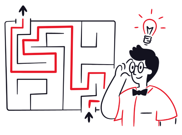 Illustration of someone with a lightbulb over their head as they solved the maze next to them
