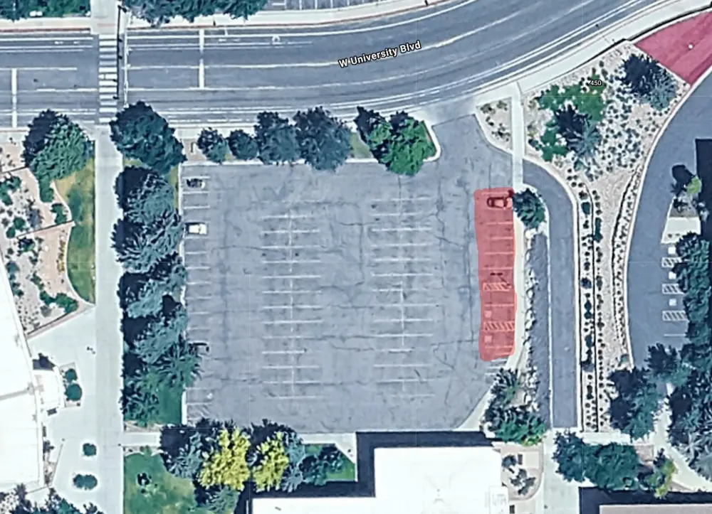 Parking spots for SUU Psychology Center highlighted on map