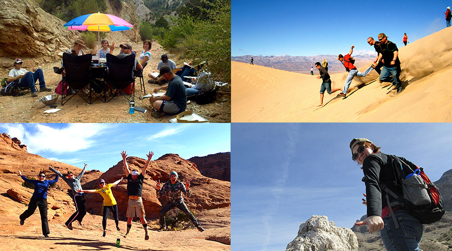 Four photos of people enjoying the outdoors.