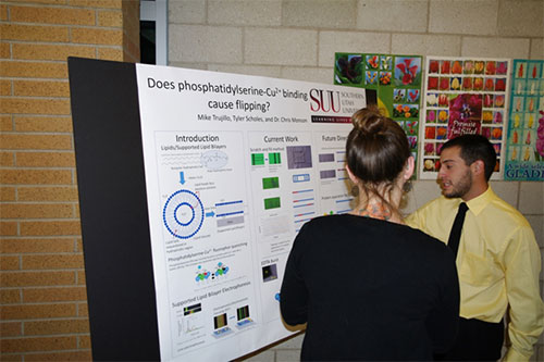A male and a female examining content on a research poster.