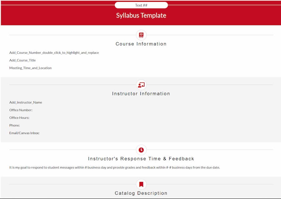 Syllabus Template: Course Information, Instructor Information, Instructor's Response Time & Feedback, Catalog Description