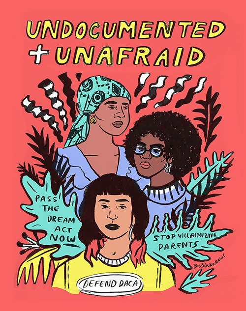 Black and Latinx immigrants in a colorful illustrated collage of ferns under the words "Undocumented + Unafraid."