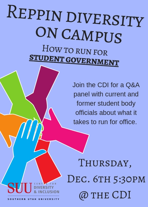 Reppin' Diversity on Campus. How to run for Studnet Government. Join the CDI for a Q&A panel with current and former student body officials about what it takes to run for office.