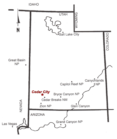 Map showing Cedar City's location in southwestern Utah.