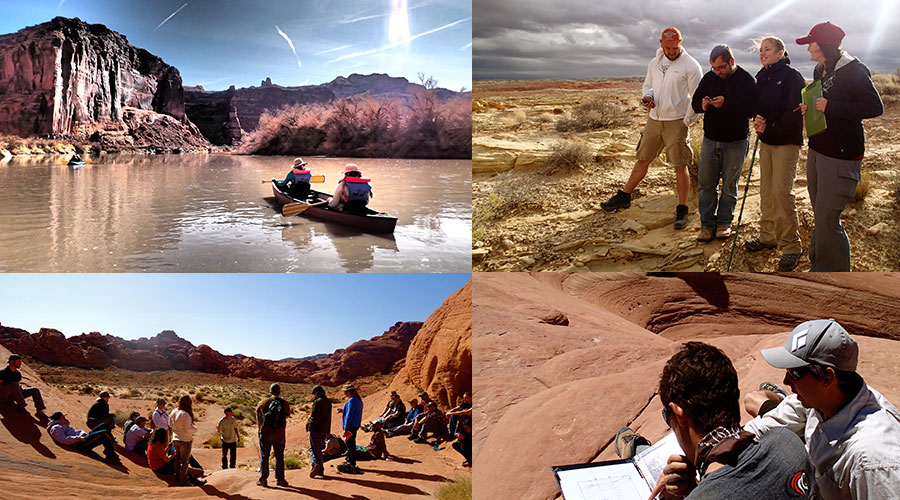 Four photos of people in the red rock landscapes of Southern Utah.