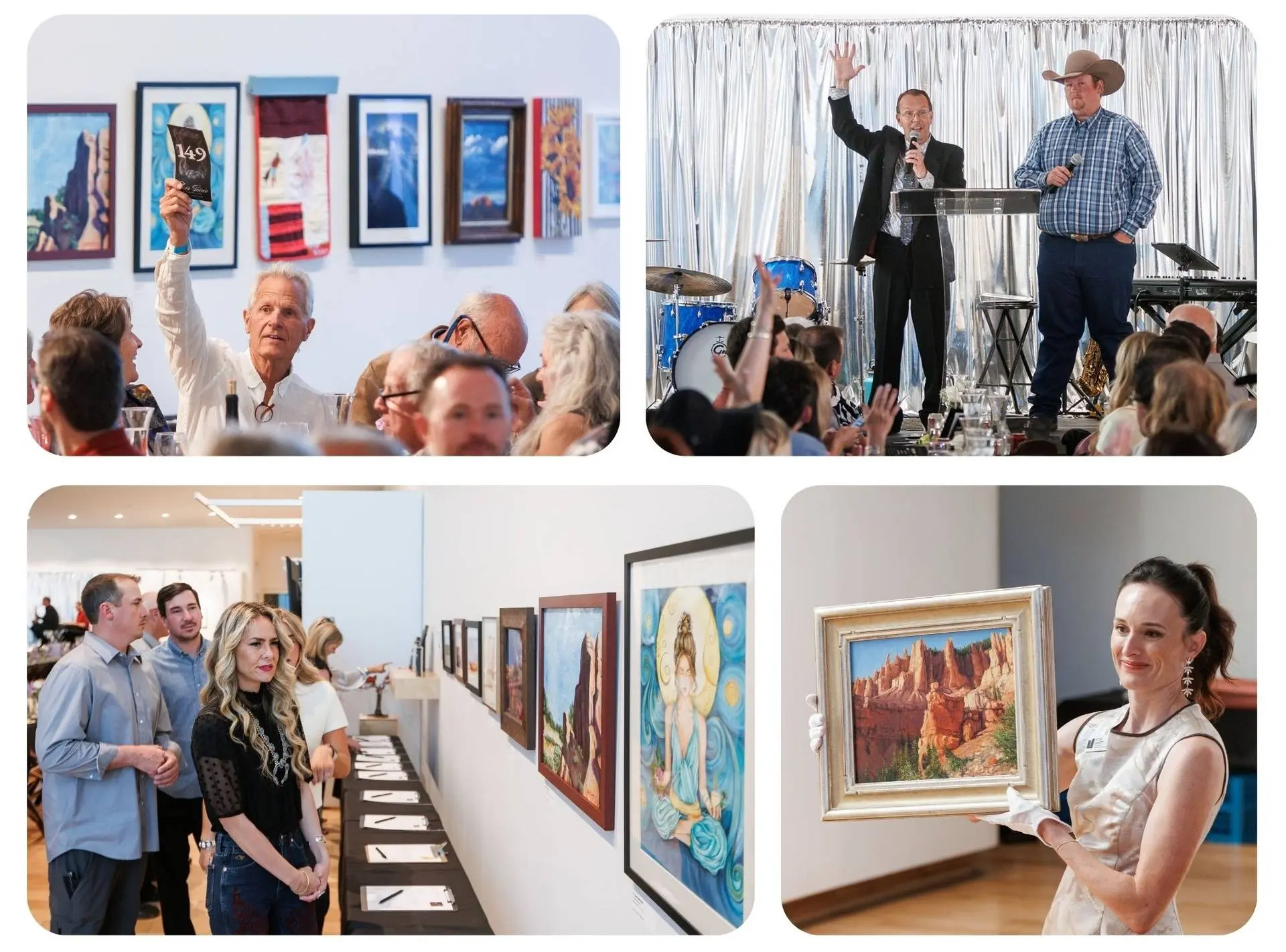 A collage of images depicting people bidding on art pieces at the Southern Utah Museum of Art