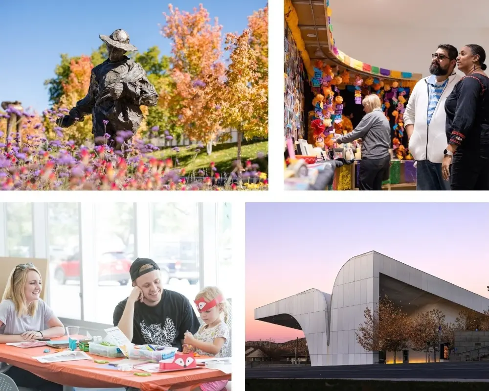 A collage of images depicting a statue, a group of people looking at an art gallery, and the SUMA building.