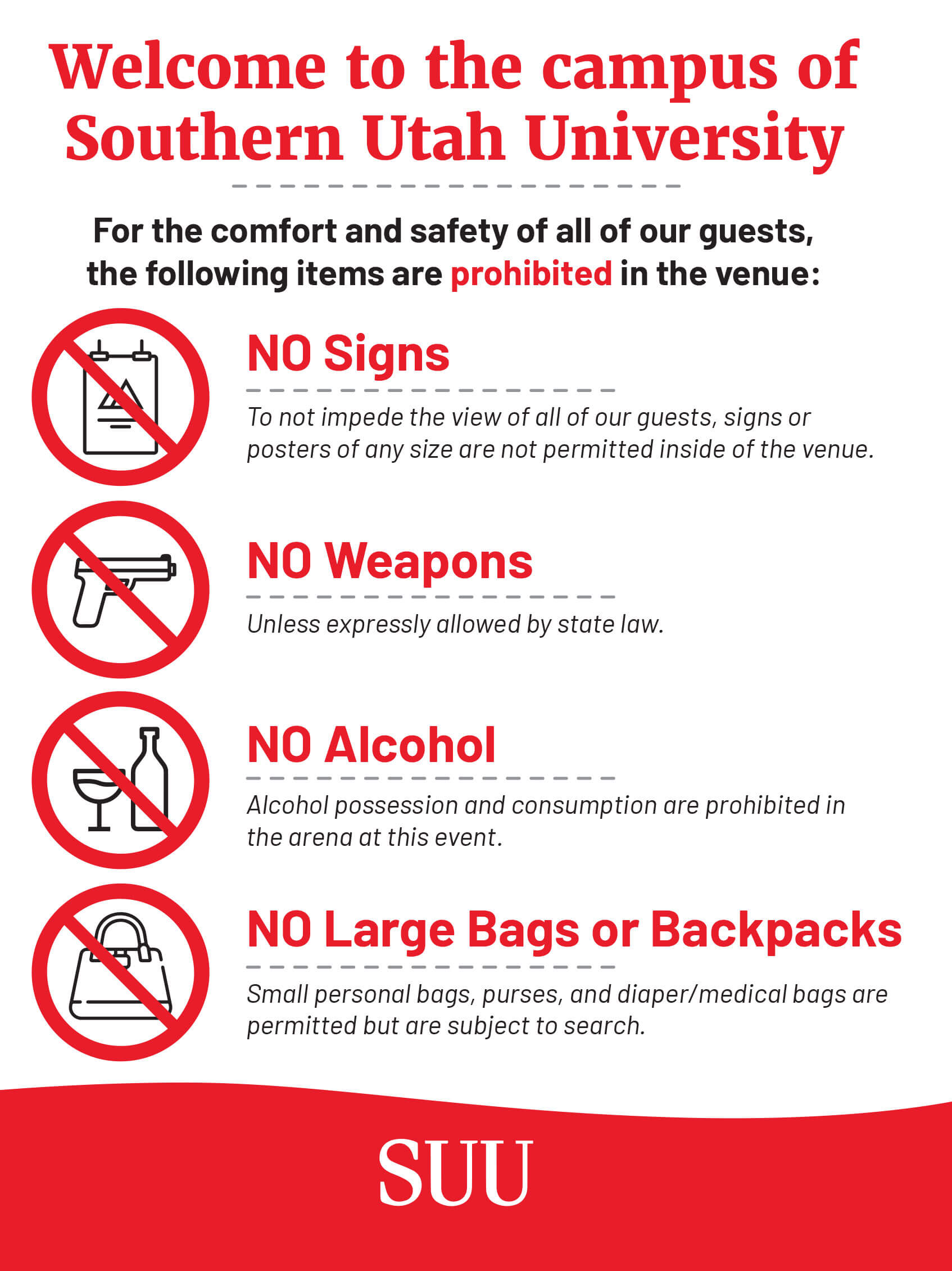 Prohibited Items in the Venue for SUU's Graduation