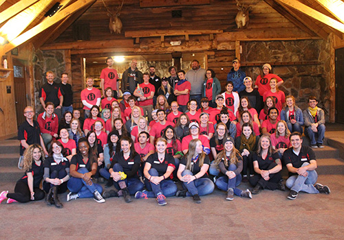 Group photo in a cabin