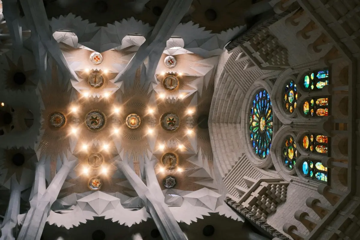The beautiful and intricate ceiling of the Sagrada Familia Bastille in Barcelona Spain. 3