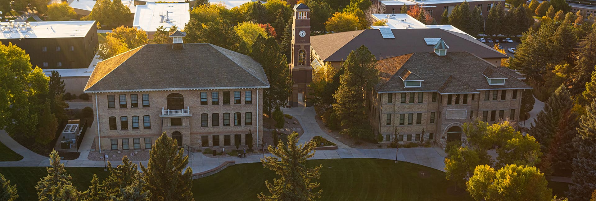 Aerial shot of campus and the clock tower
