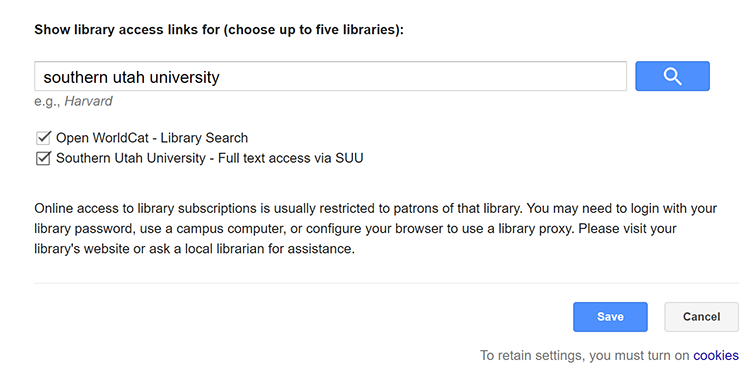 Library Links connecting Google Scholar account to SUU