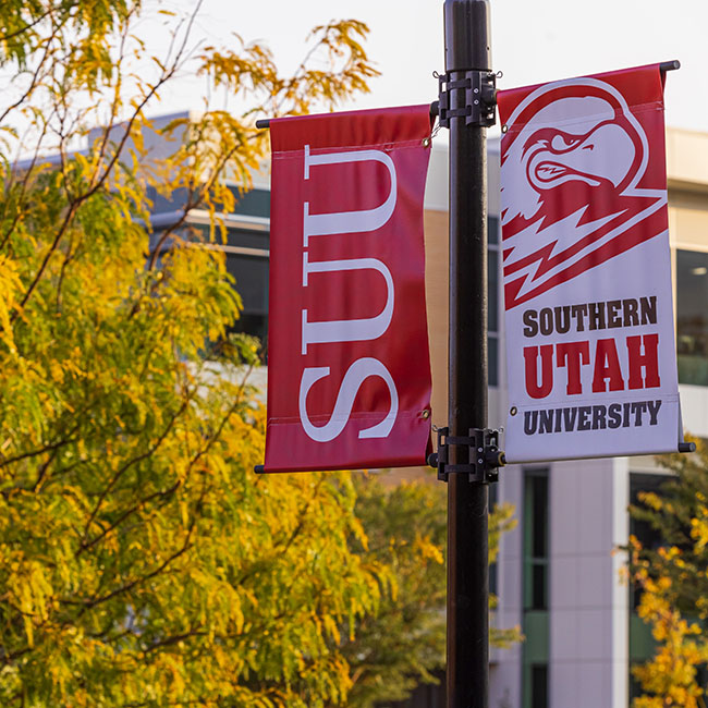 SUU banners hanging from a light pole.