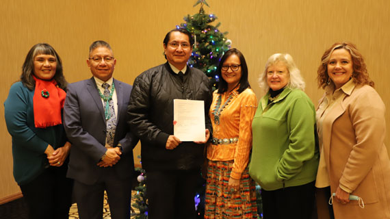 (left to right) Navajo Nation Division of Natural Resources Executive Director Bidtah Becker, Vice President Myron Lizer, President Jonathan Nez, First Lady Phefelia Nez, Senior Legislative Attorney for Best Friends Animal Society Ledy VanKavage, Senior Manager of Learning Advancement for Best Friends Animal Society Aimee Charlton