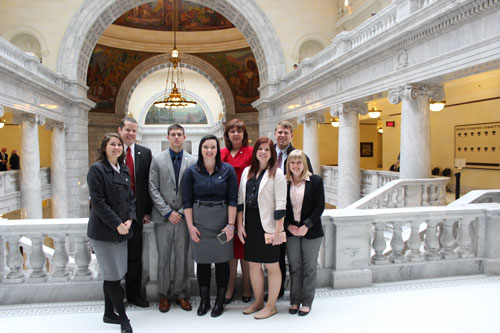 Students at the Utah state capitol building
