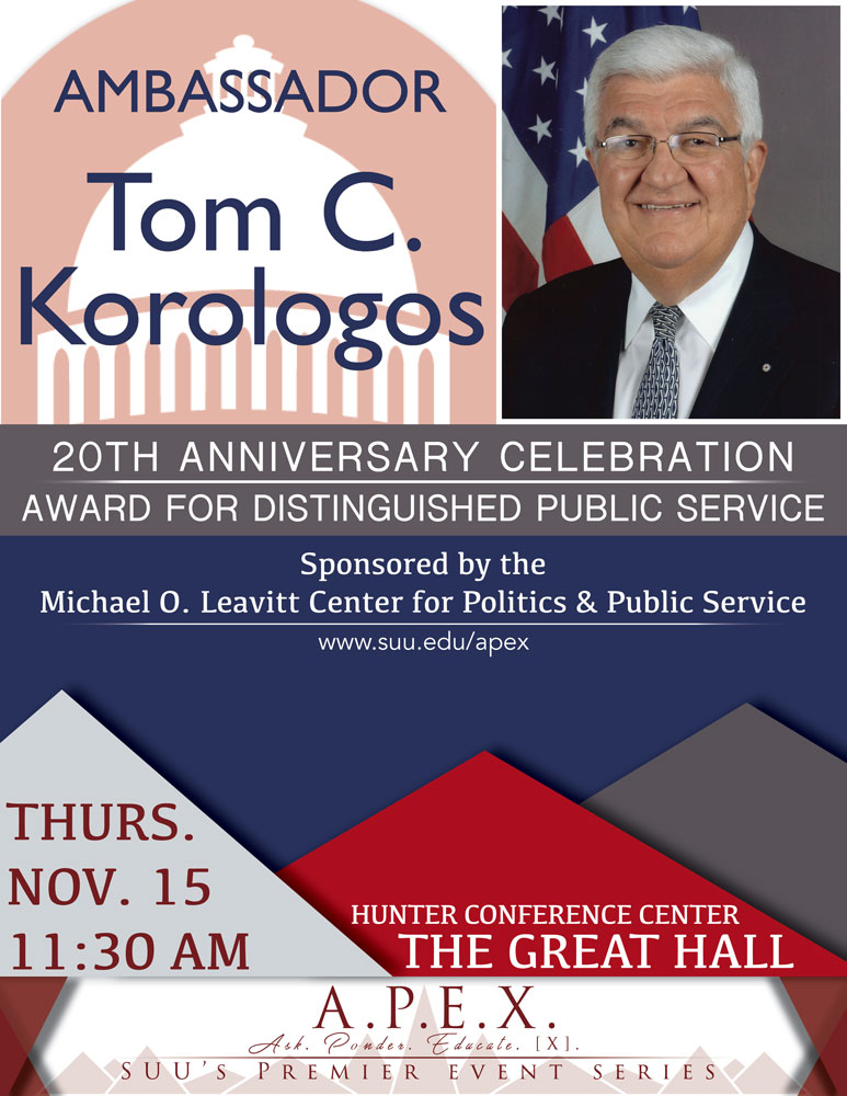 A.P.E.X. Event poster for Tom Korologos' speech on SUU's campus