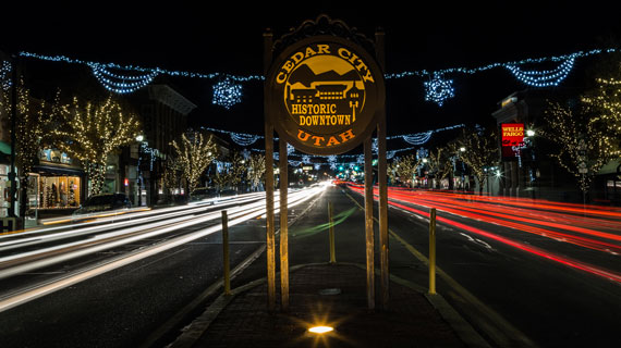 Cedar City main street with Christmas lights