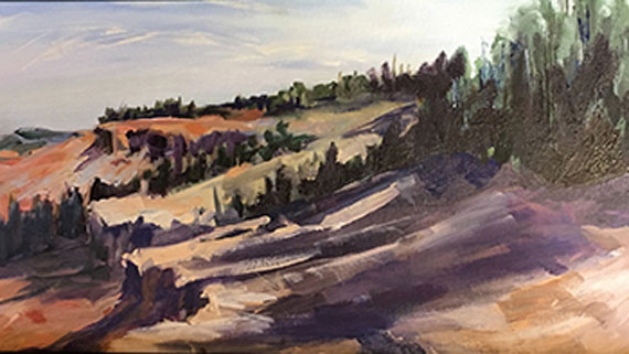 Painting by Mona Woolsey of red rocks next to a forest of trees