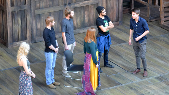 Six actors on the stage of the Engelstead Shakespeare theatre