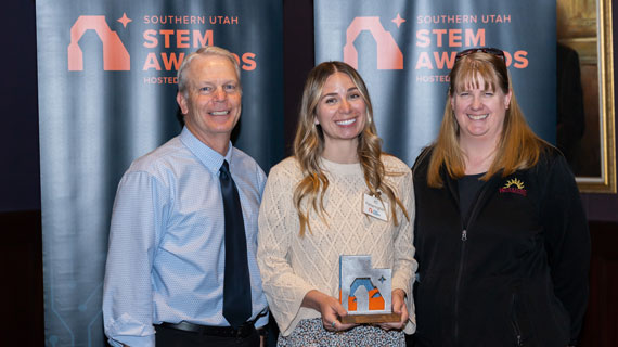 Southern Utah STEM Awards - Vice Principal Richard Thatcher, Award Winner KC Fotheringham, Principal Bylynda Murray