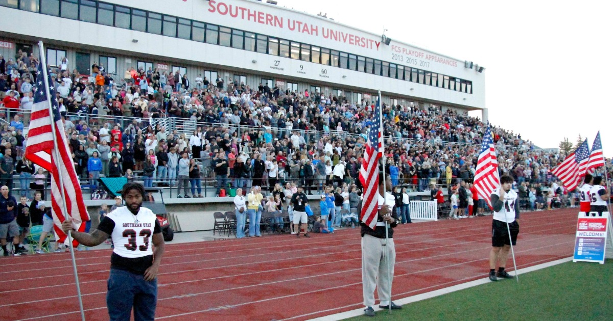 Sponsor logos on billboards above the SUU football stadium