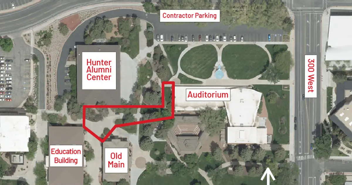 Map of campus buildings impacted by upper campus construction - March 2026