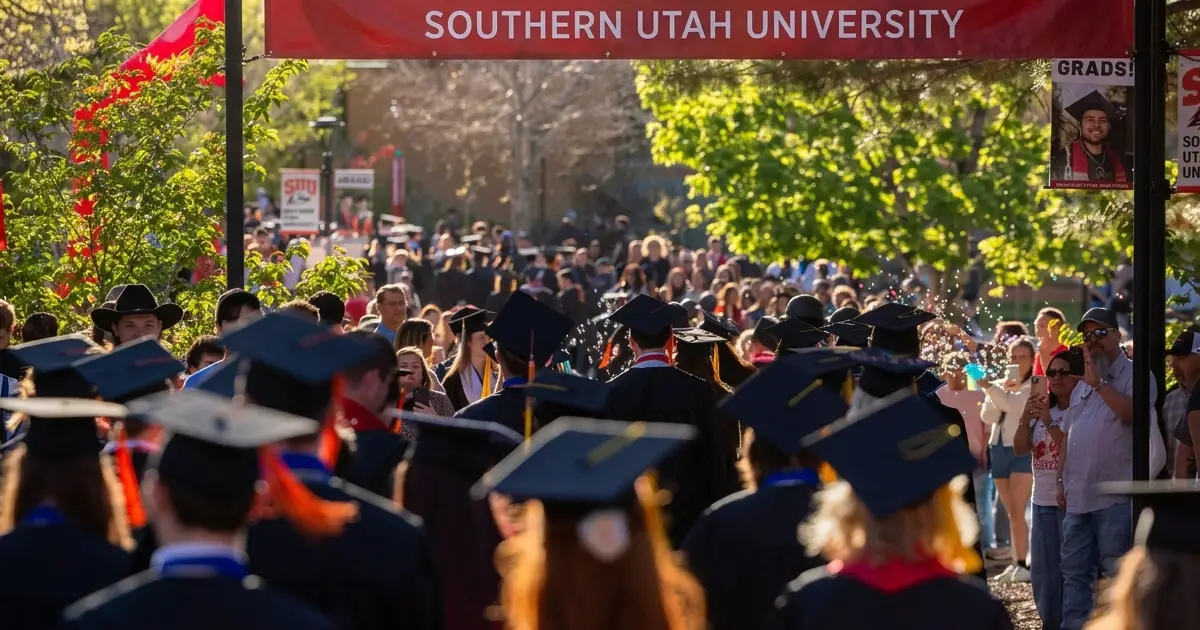 Graduates walking outdoors during SUU’s 127th Commencement Ceremony
