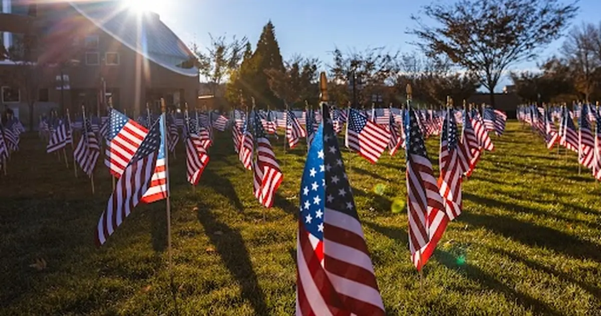 SUU Library Quad covered in waving american flags