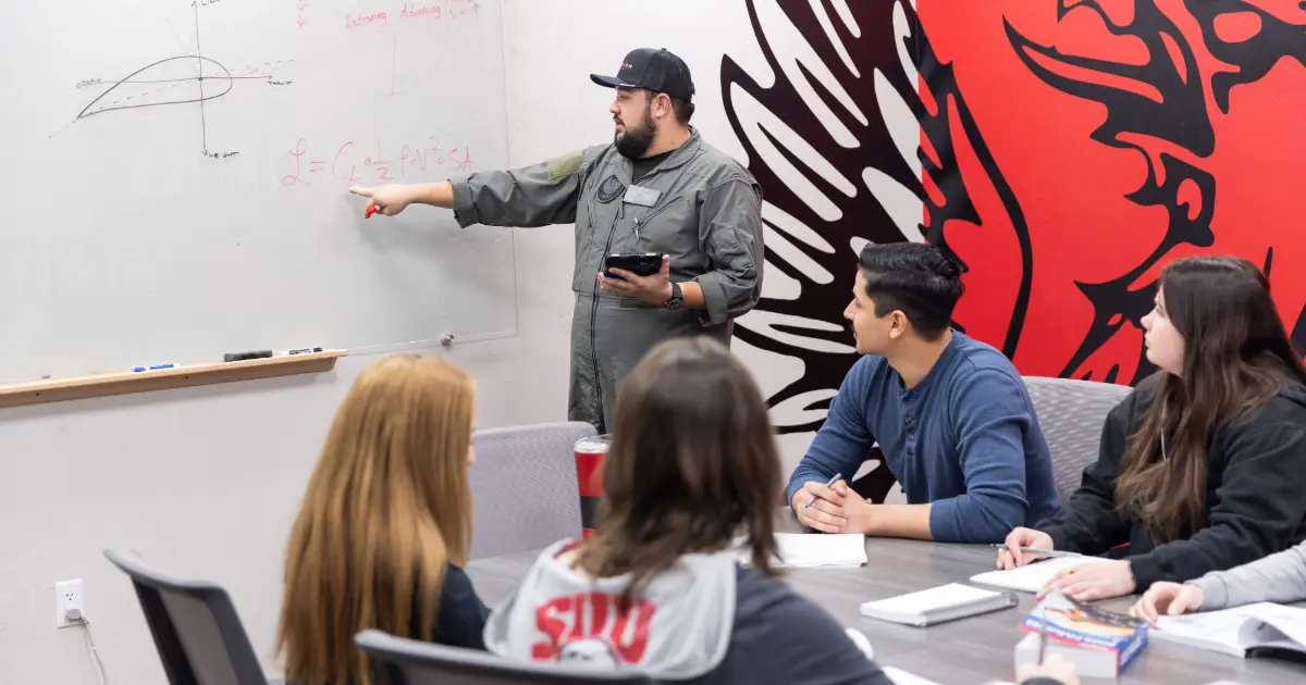 Aviation faculty leading a class of students
