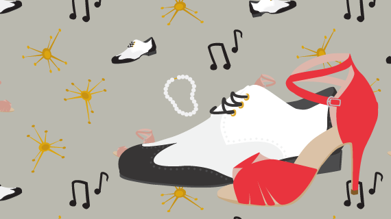 Decorative Image of a Black and White Wingtip Shoe and a Red High Heel over a background of Shoes, Music Notes, Ties, and Mid-Century Atoms.