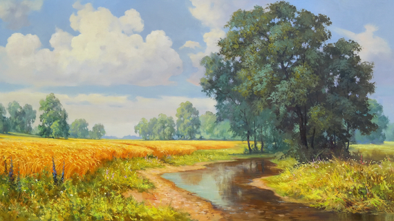 Painting of a Yellow Wheat Field with a Creek and Copse of Trees.