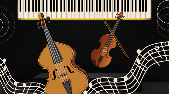 Graphic of a keyboard, cello, and violin over a black background. 