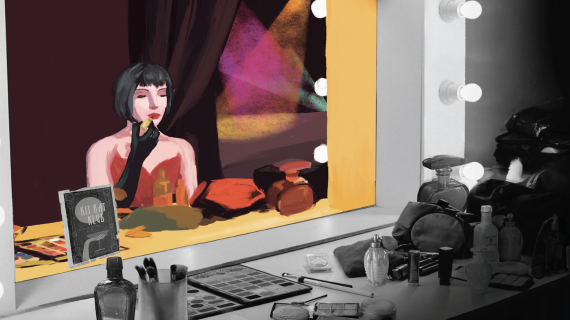 A woman gets ready at a vanity backstage. Promotional art for SUU's Cabaret.