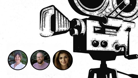Decorative image of a film camera with headshots of Katie Hadar, Bill Kershisnik, and Jahanara Saleh.