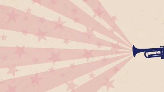 Decorative image. A blue trumpet blows out stars and stripes. For the Fall 2025 Wind Symphony Concert America in Sound: 250 Years of Freedom.