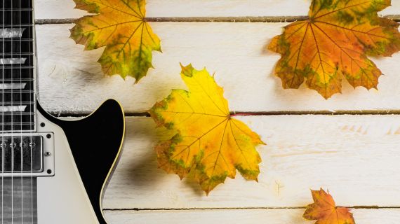 Decorative image. An electric guitar with fall leaves. For the SUU Commercial Music Fall Showcase.