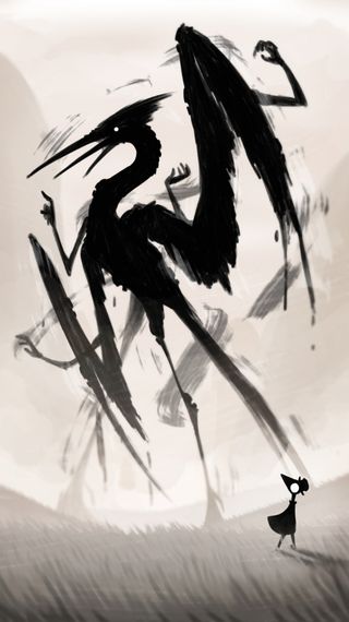 "Meet Your Maker" by August Strouse. Digital illustration shows a small figure in the bottom right looking up at a monstrous bird-like creature in the sky.